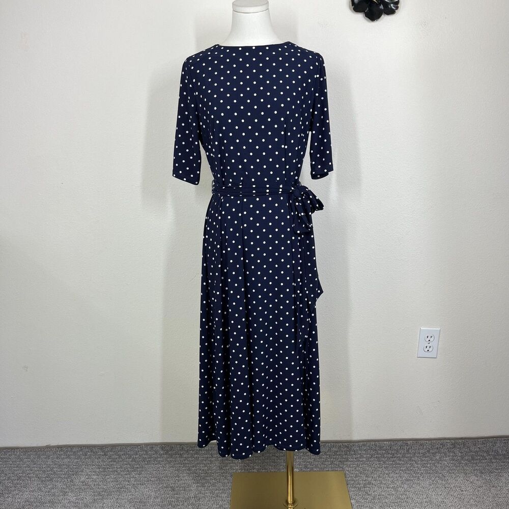 Anne Klein Dress Womens 10 Blue Polka Dot Belted Midi Fit Flare Work Office - Picture 1 of 8